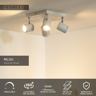 Lucide RILOU - Foco de techo - LED Regul. - GU10 - 4x5W 3000K - Blanco